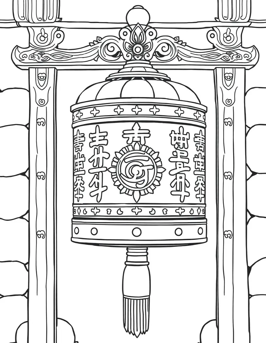 Buddhist prayer wheel wall with detailed mechanism and mantras