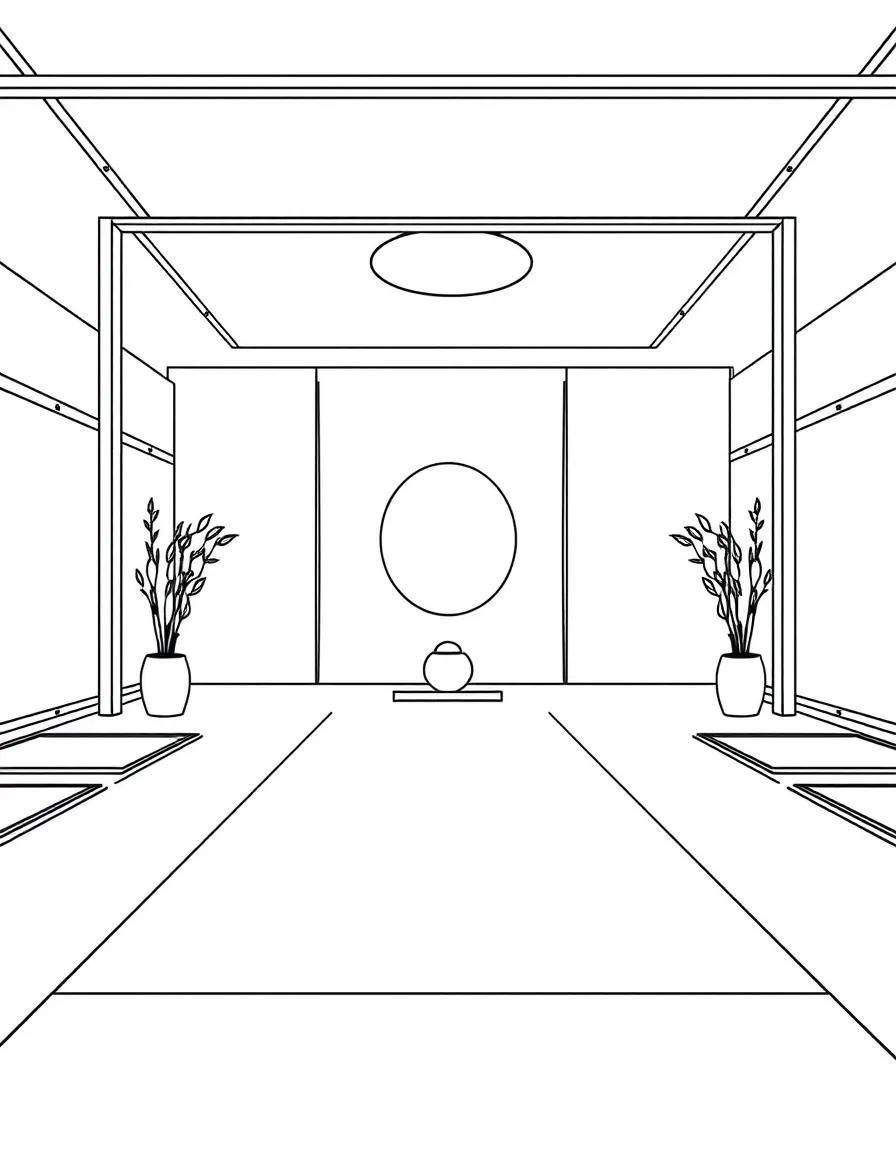 Zen meditation hall with mat arrangements and minimalist design