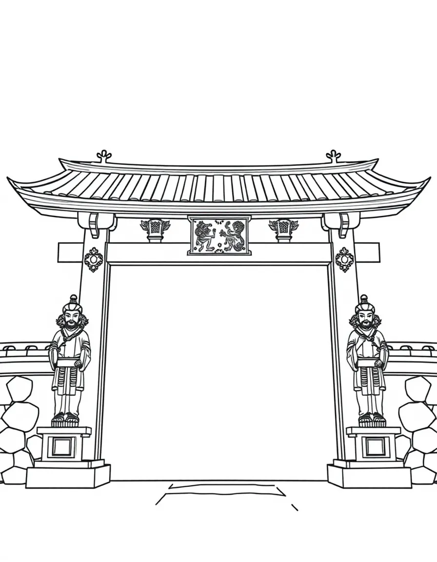Buddhist temple gate (torii) with guardian figures and detailed carvings