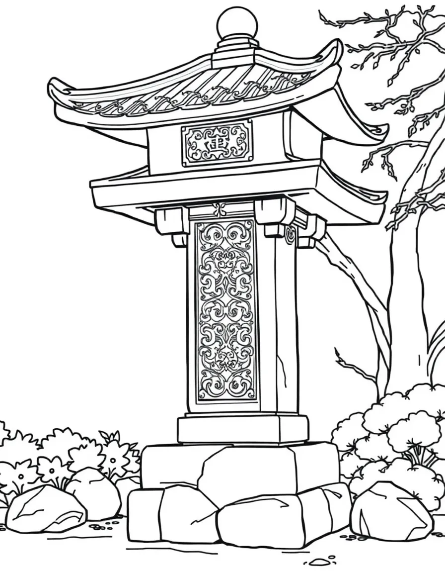 Stone lantern from Japanese Buddhist garden with detailed carving