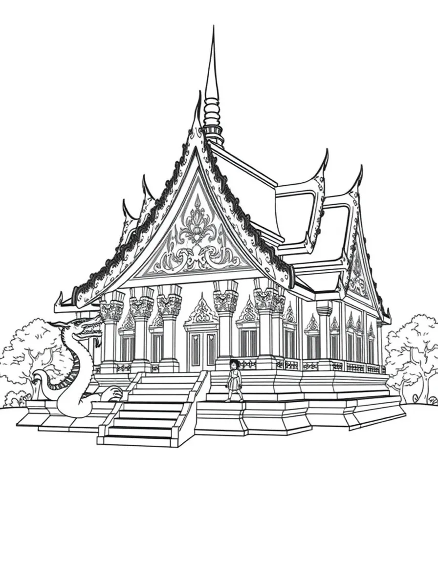 Wat temple with characteristic Thai architectural elements and nagas