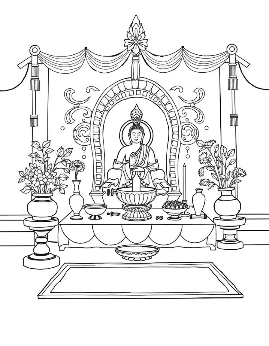 Buddhist ceremonial altar with offering arrangements and ritual items