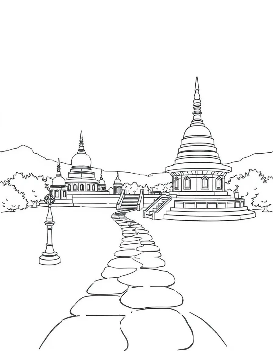 Buddhist pilgrimage site with stupas and circumambulation path