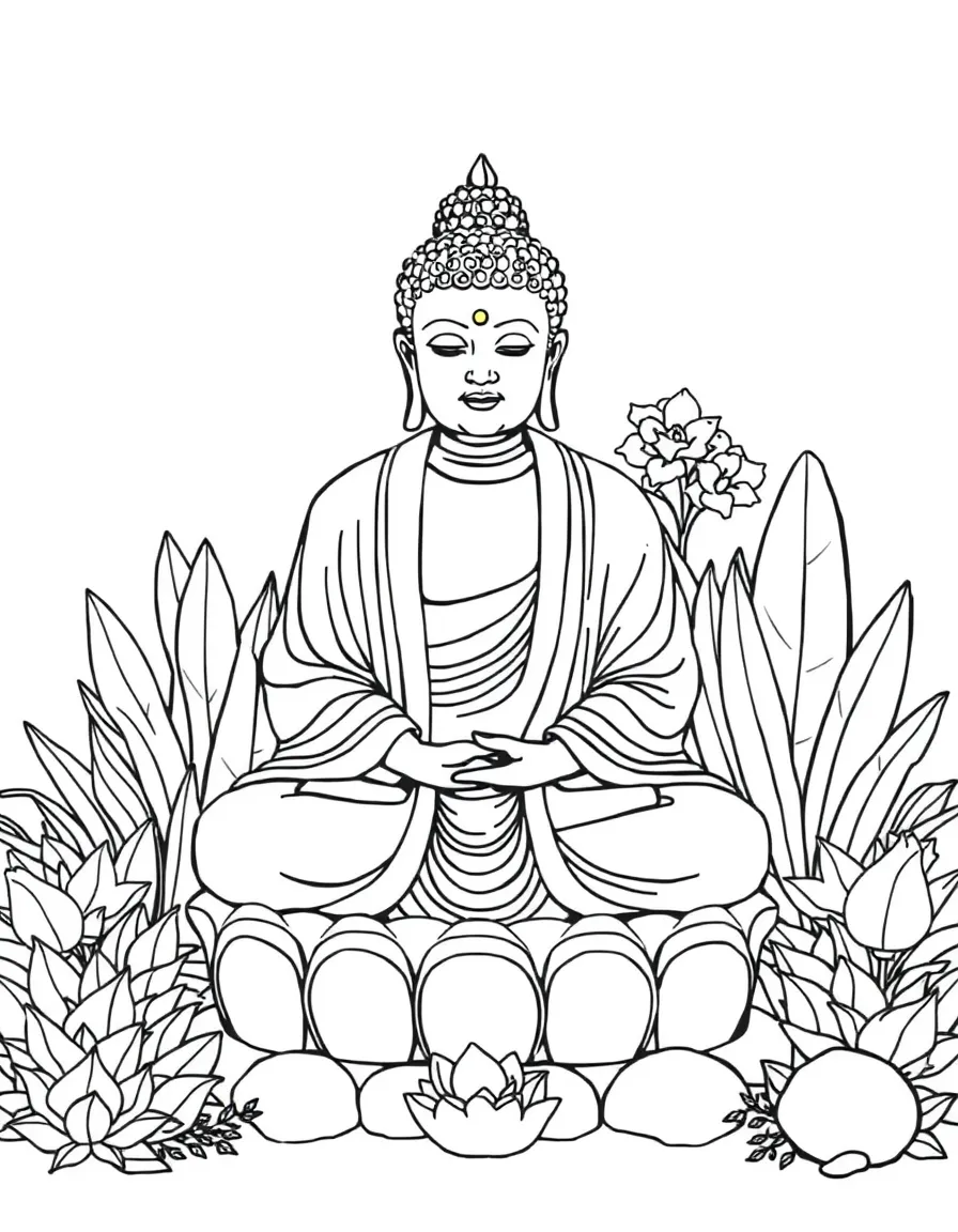 Garden Buddha statue with detailed surrounding landscaping elements