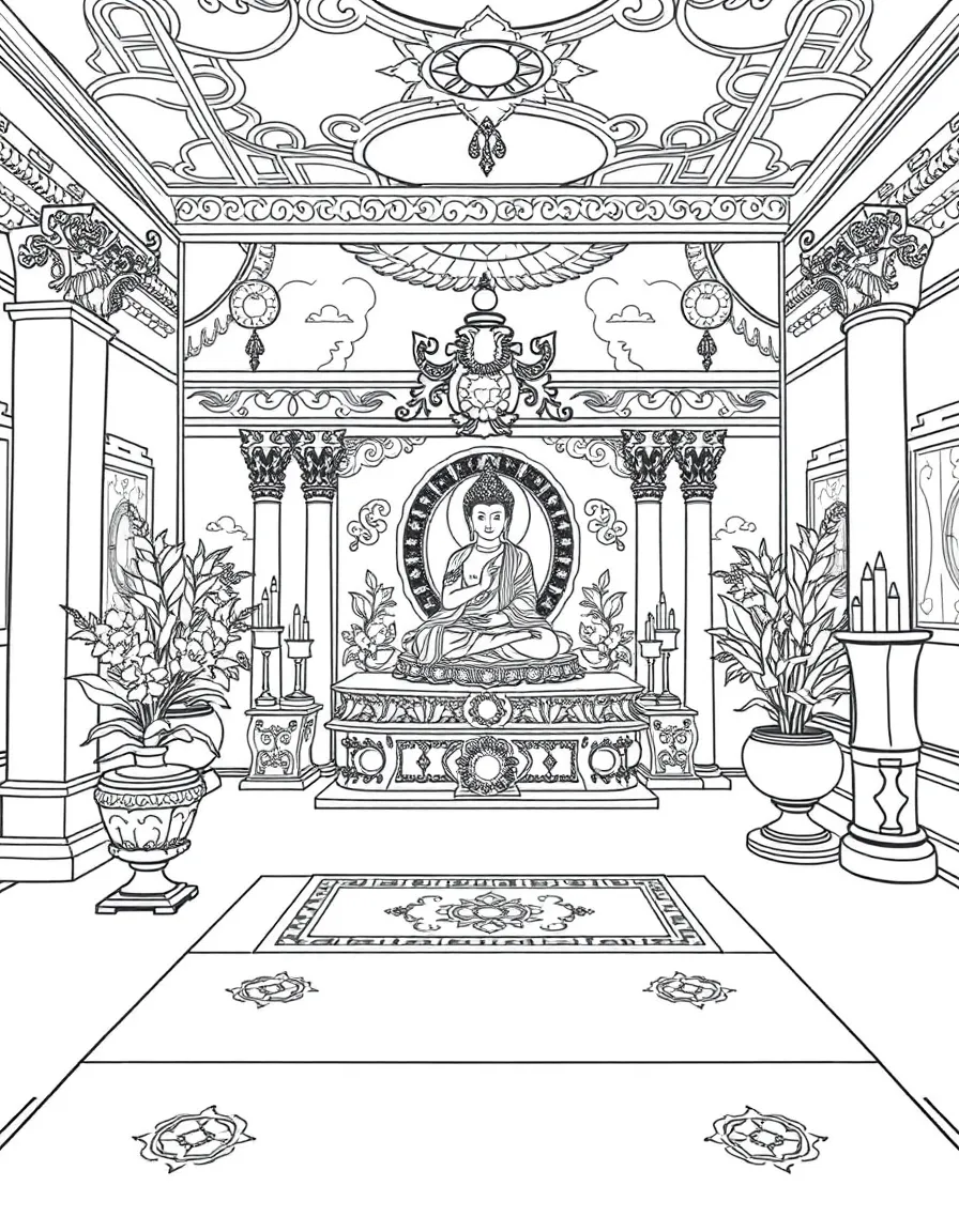 Buddhist shrine room with detailed altar arrangement and thangkas