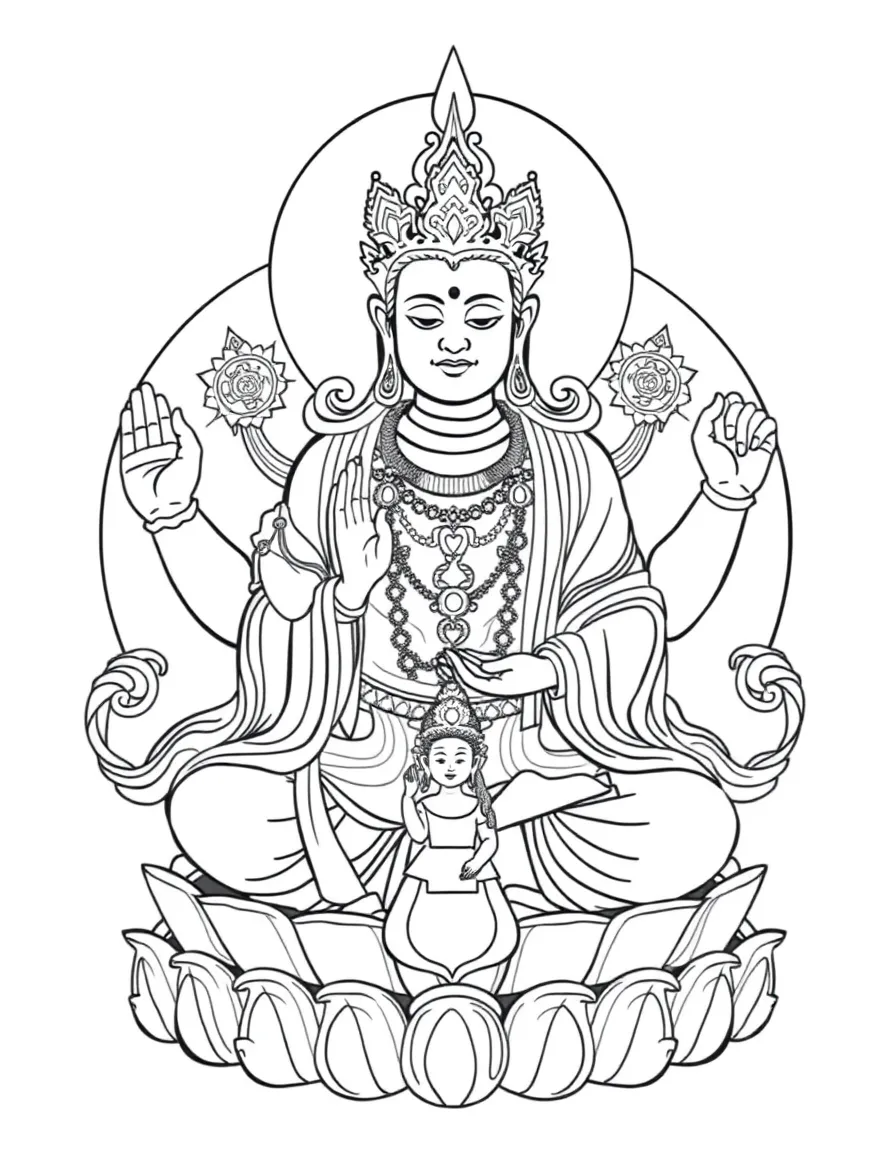 Avalokiteshvara with multiple arms and compassionate expression