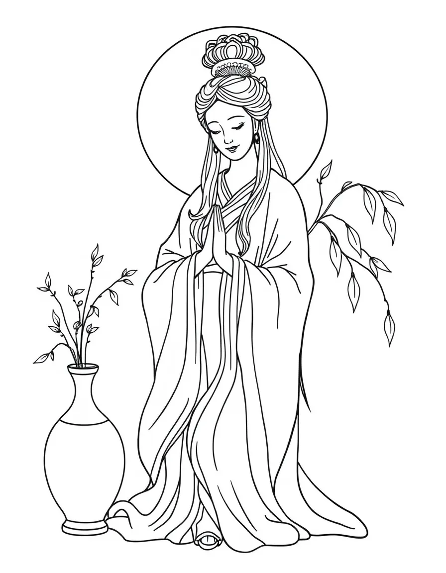 Kuan Yin with willow branch, vase and detailed flowing robes