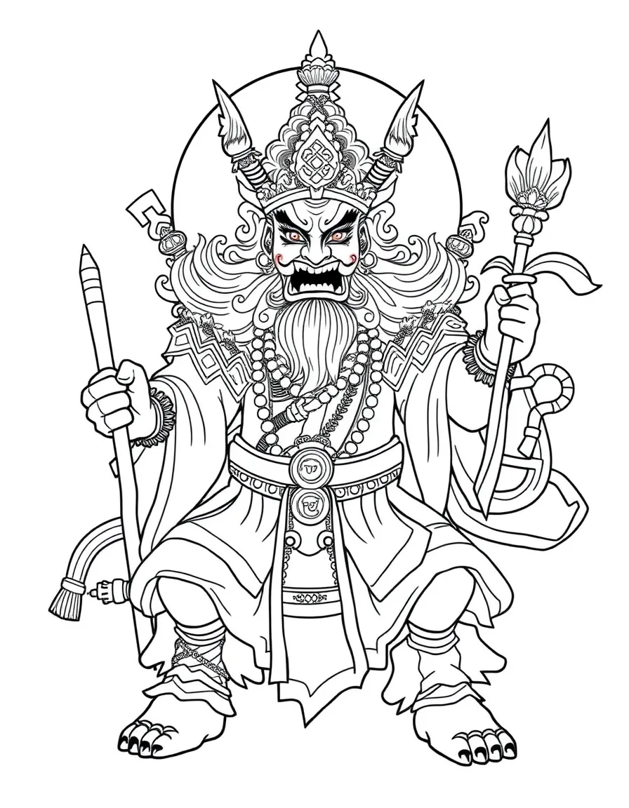 Tibetan wrathful deity with detailed ritual implements and symbolic elements