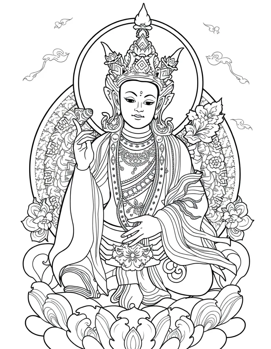 Tibetan thangka-style deity with detailed iconographic elements