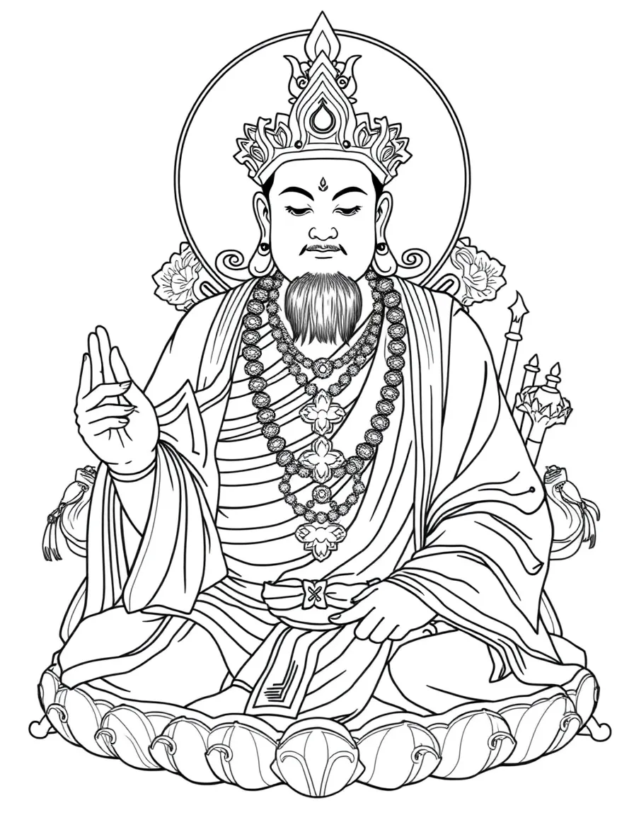 Padmasambhava (Guru Rinpoche) with detailed ceremonial items