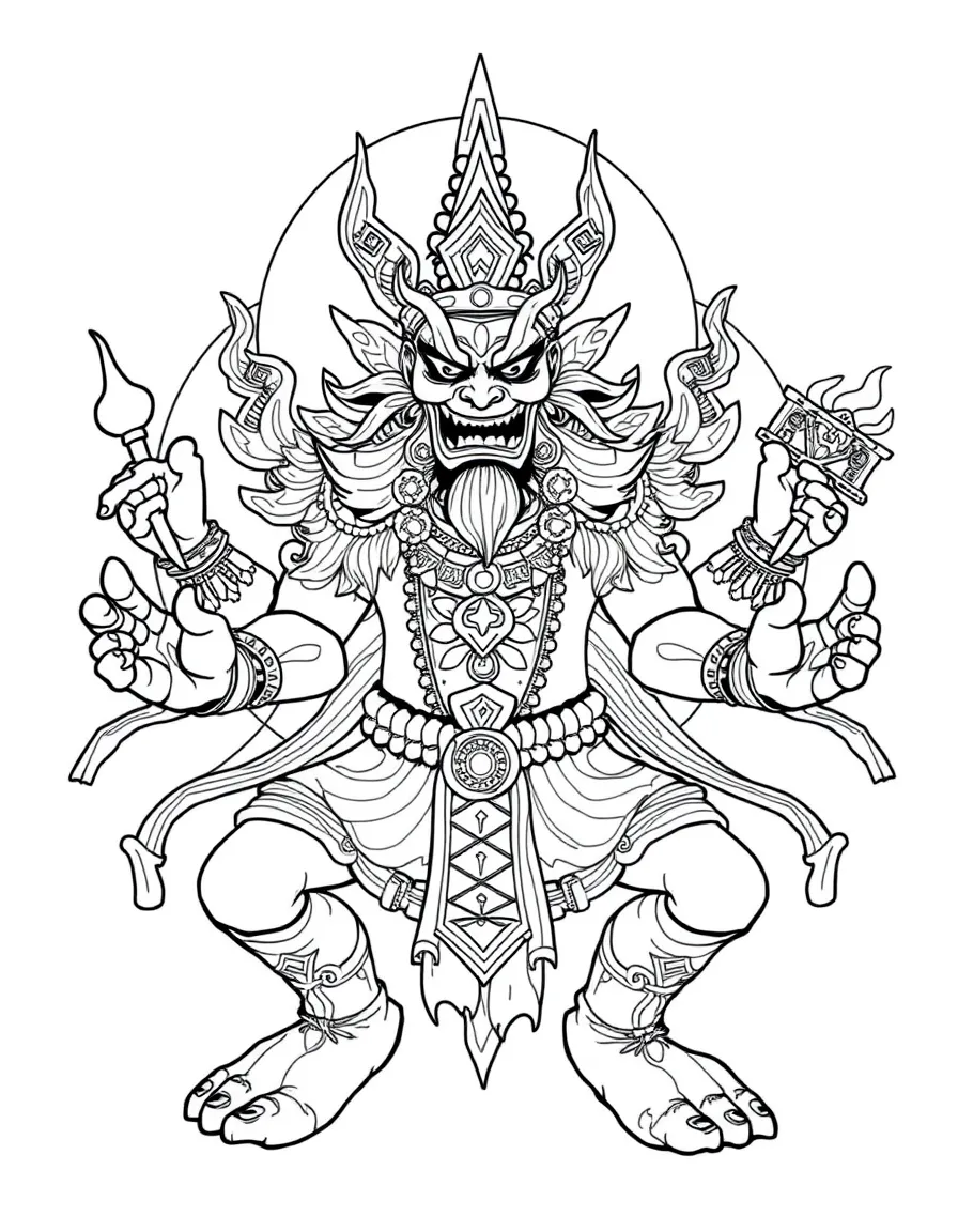 Four-armed Mahakala with detailed wrathful elements and protector symbols
