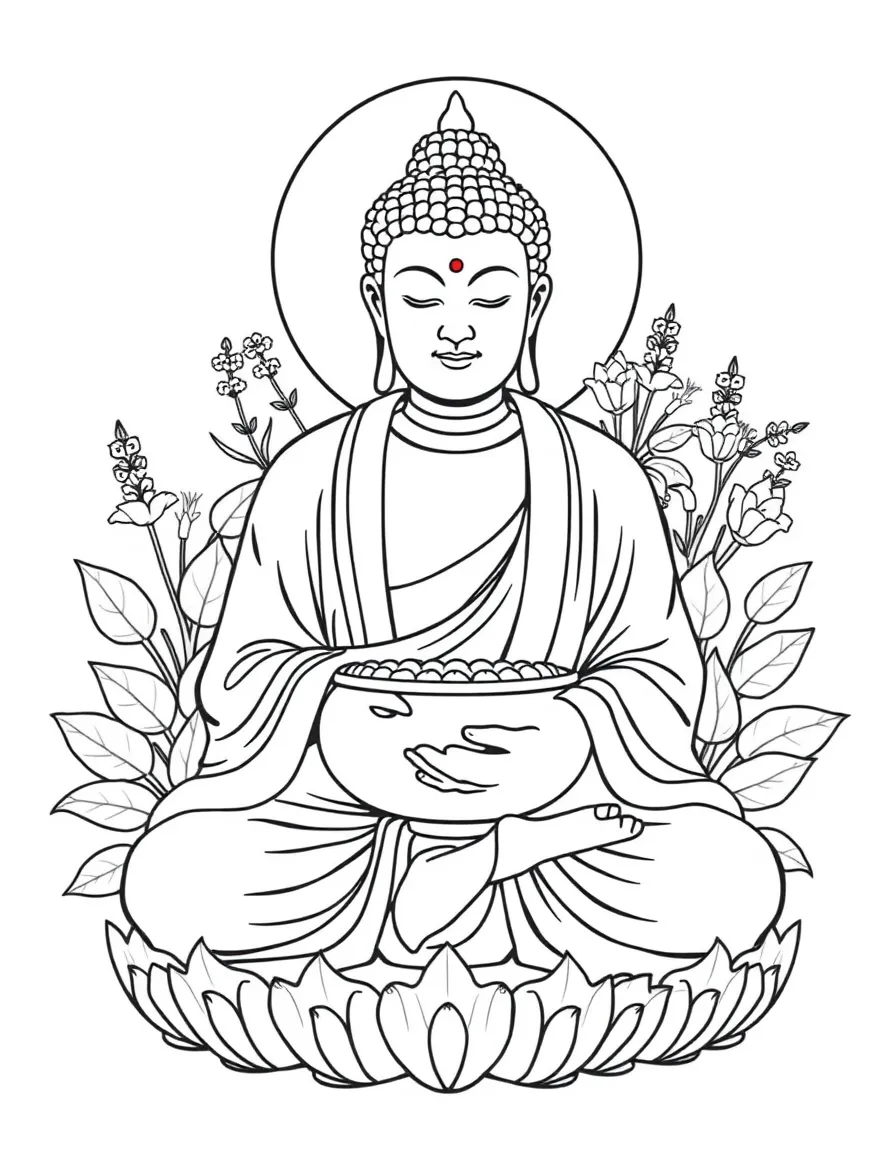 Medicine Buddha with healing bowl and detailed medicinal plants