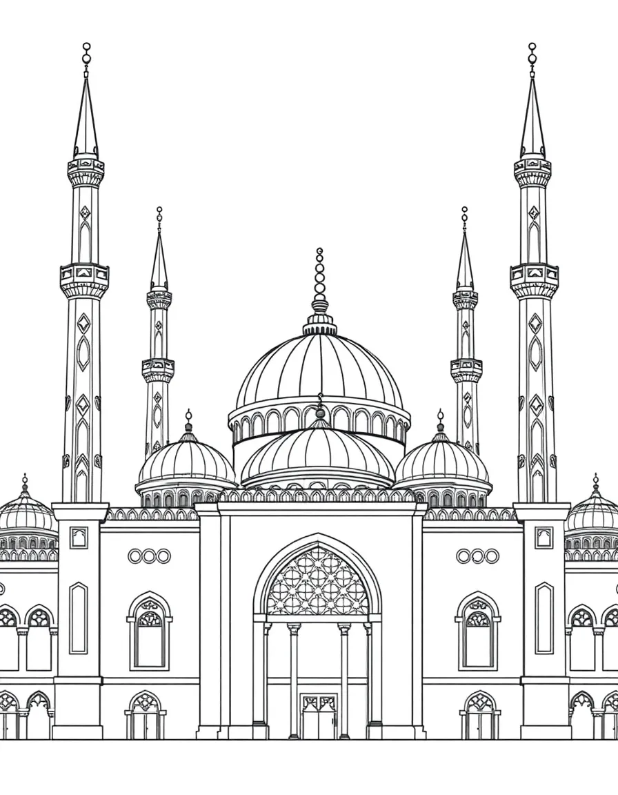 Detailed mosque facade with domes, minarets and arabesque decoration