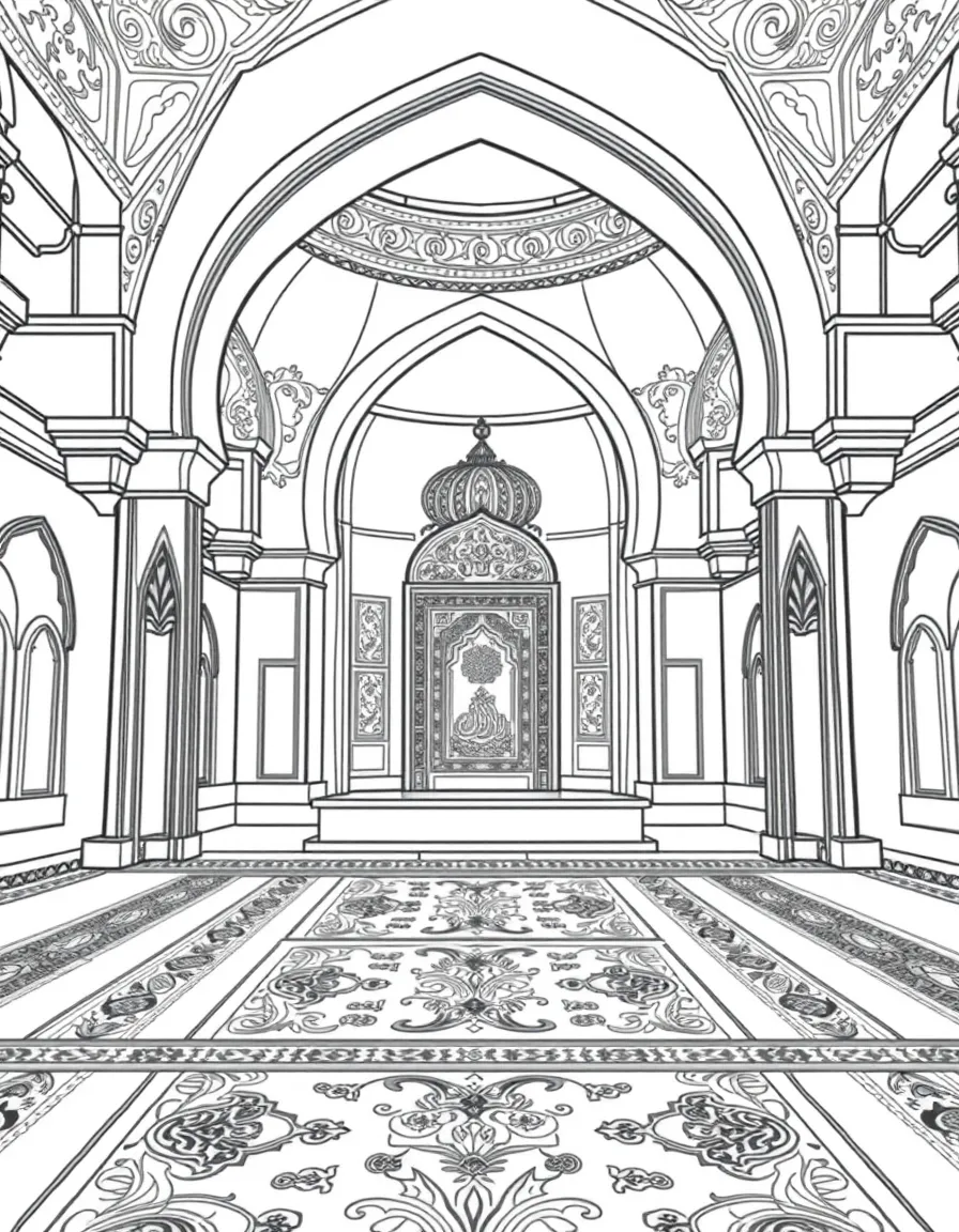 Prayer hall interior with arched mihrab and detailed carpet patterns