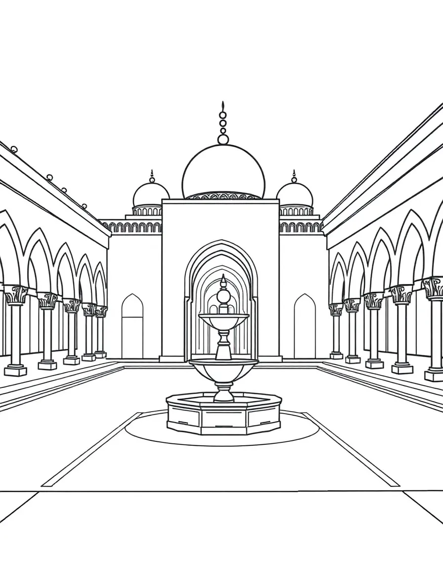 Courtyard mosque with ablution fountain and arched walkways