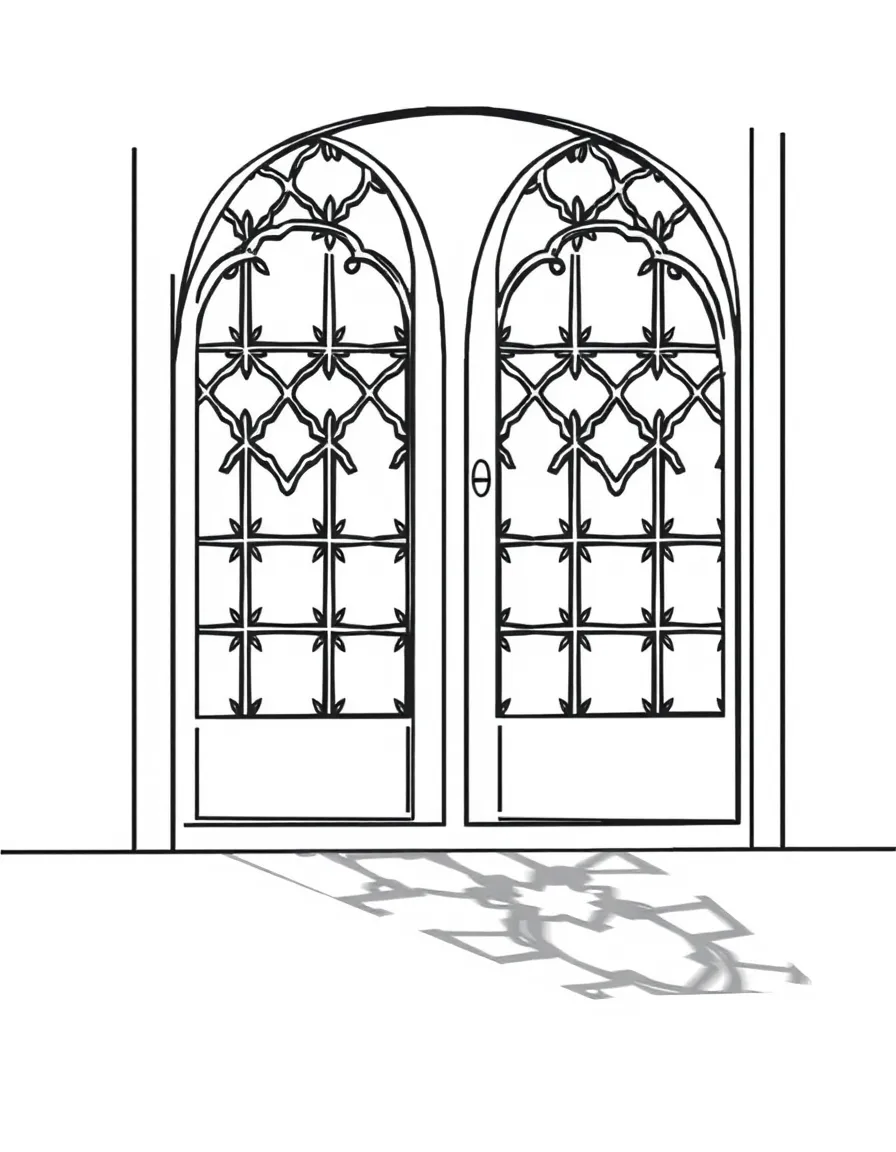 Arabesque window screen casting patterned shadows on floor