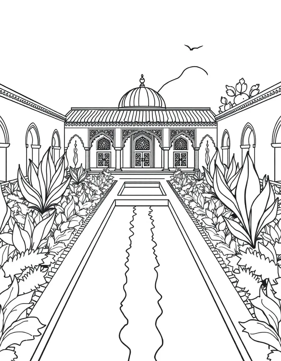 Traditional Islamic garden with four-quadrant design and water channels