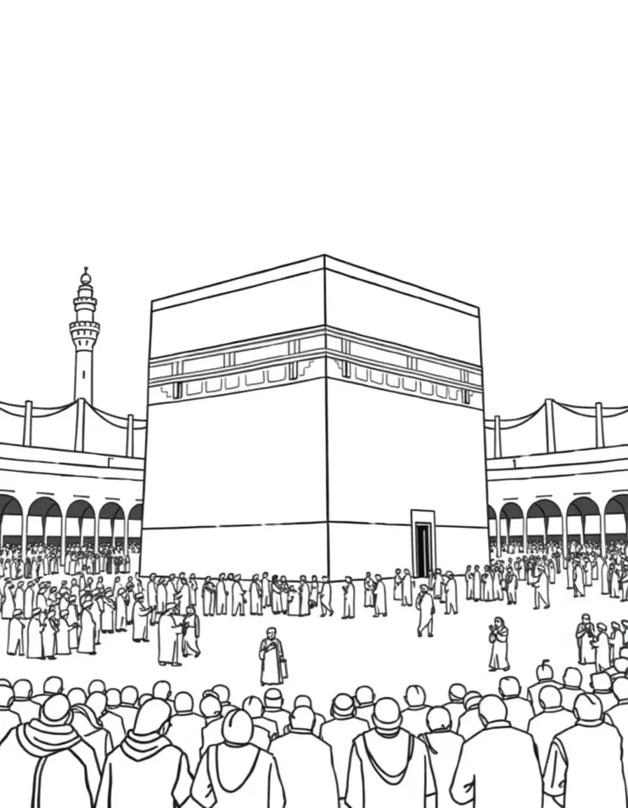Kaaba in Mecca with detailed architecture and surrounding pilgrims