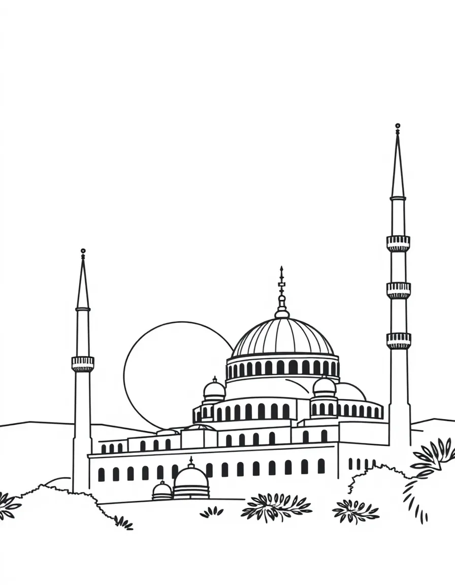 Mosque silhouette at sunset with detailed skyline elements