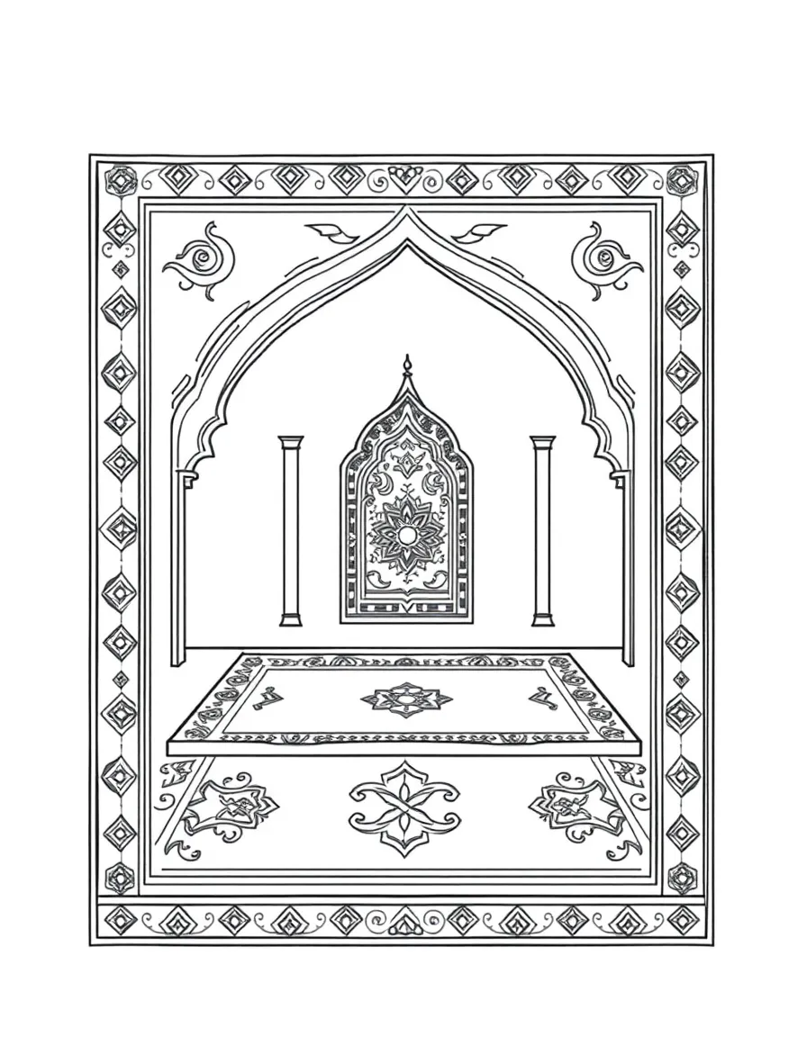 Prayer carpet with detailed mihrab design and geometric border