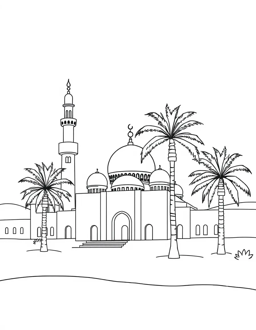 Desert mosque with palm trees and characteristic architecture