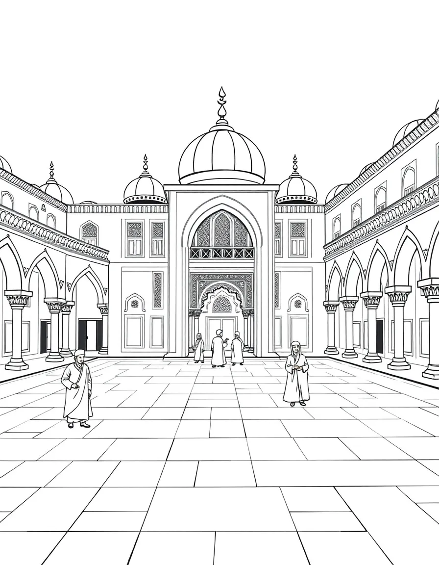Madrasah courtyard with students and detailed architectural elements
