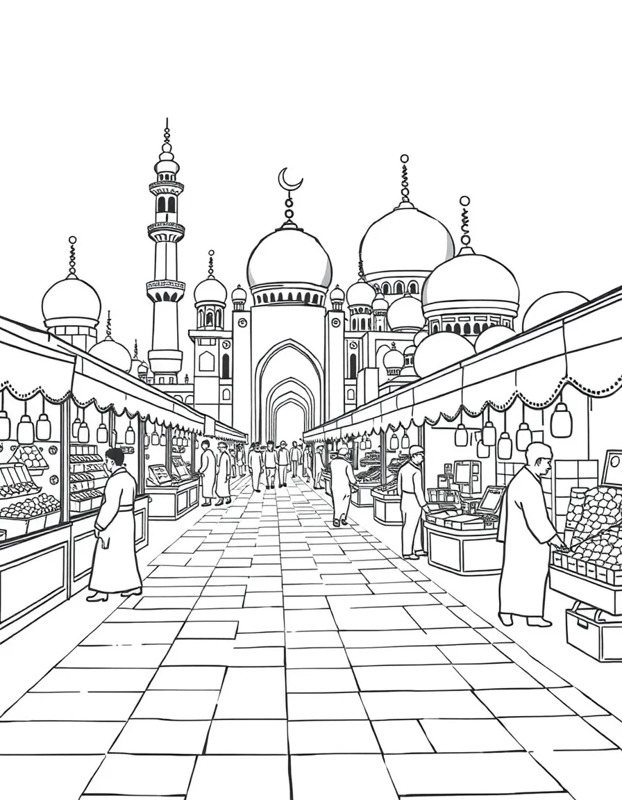 Islamic market scene with detailed stalls and architectural backdrop