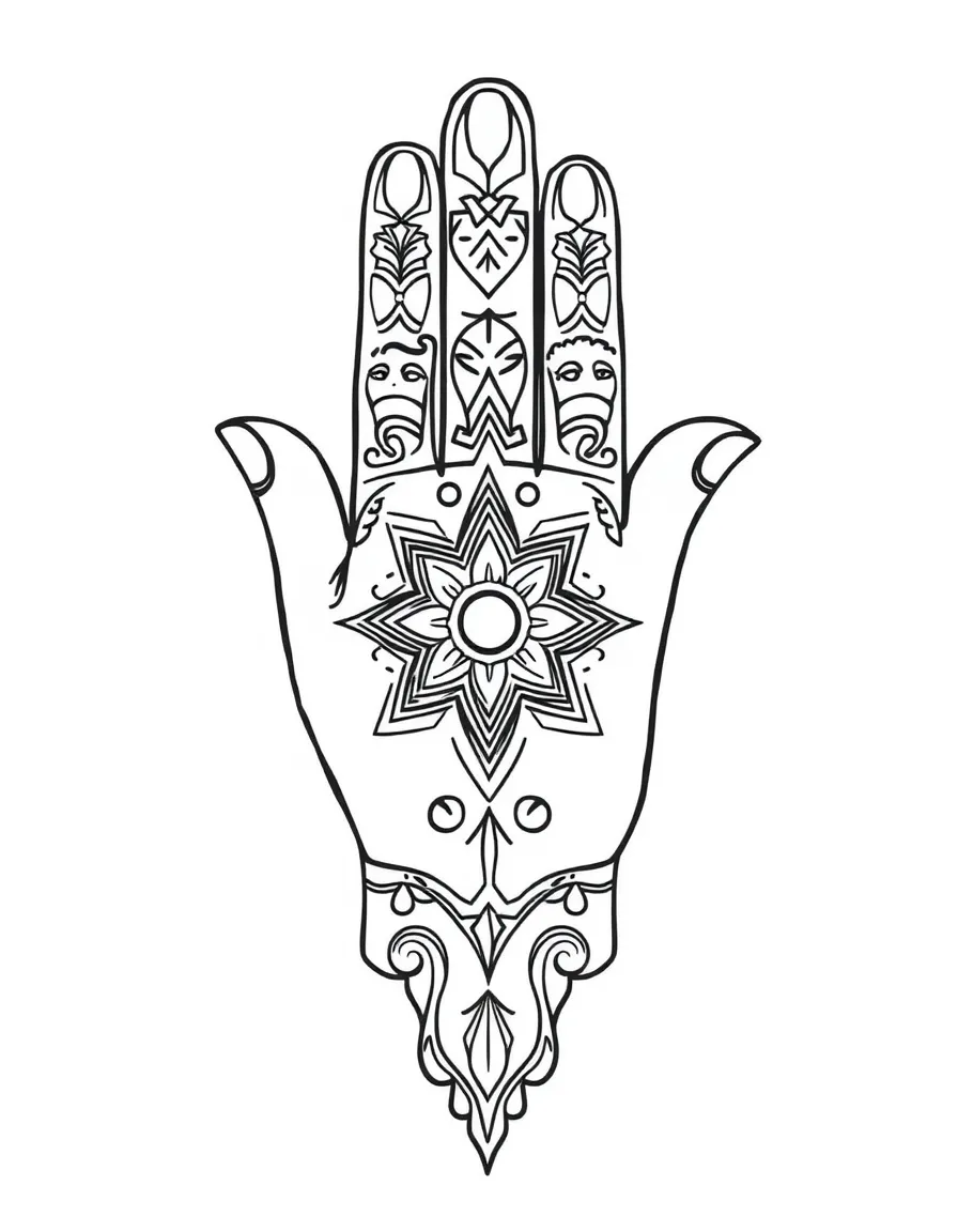 Hand of Fatima (Hamsa) with detailed protective symbols and patterns