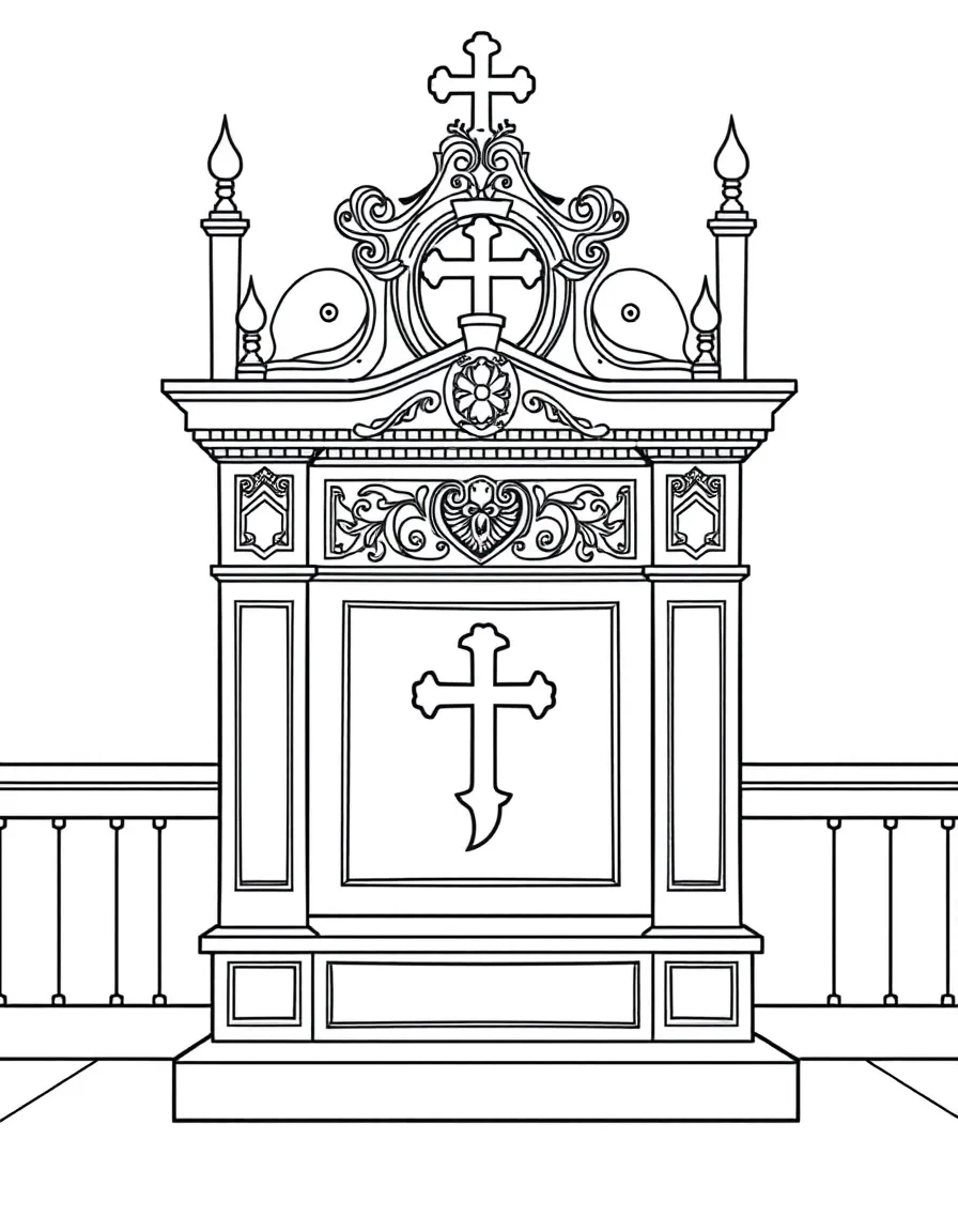 Menbar (pulpit) with detailed woodwork and symbolic elements