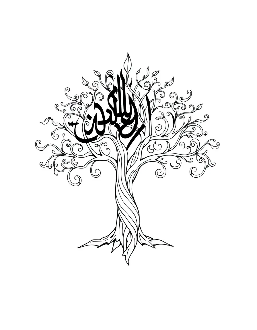 Stylized tree of life design with Islamic calligraphy integration