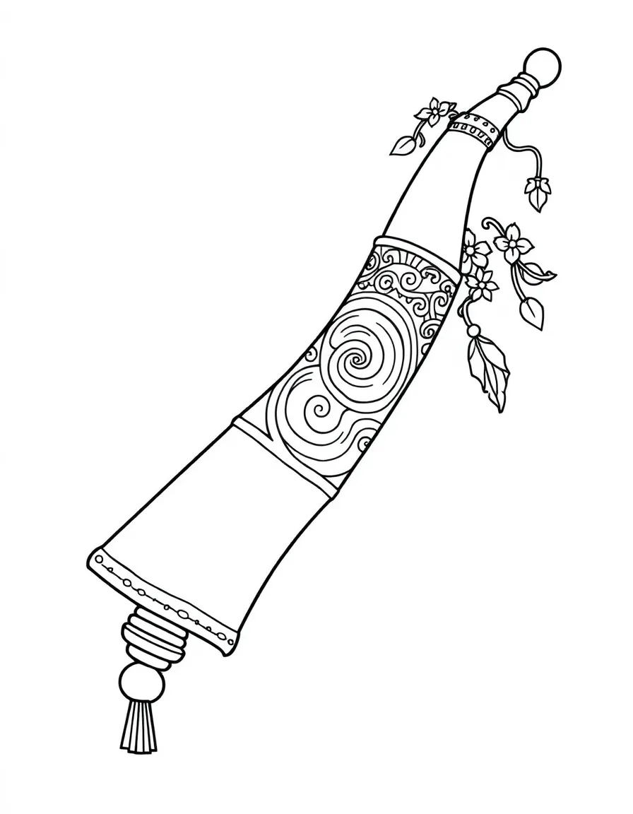 Shofar with detailed spiral pattern and ritual decorations