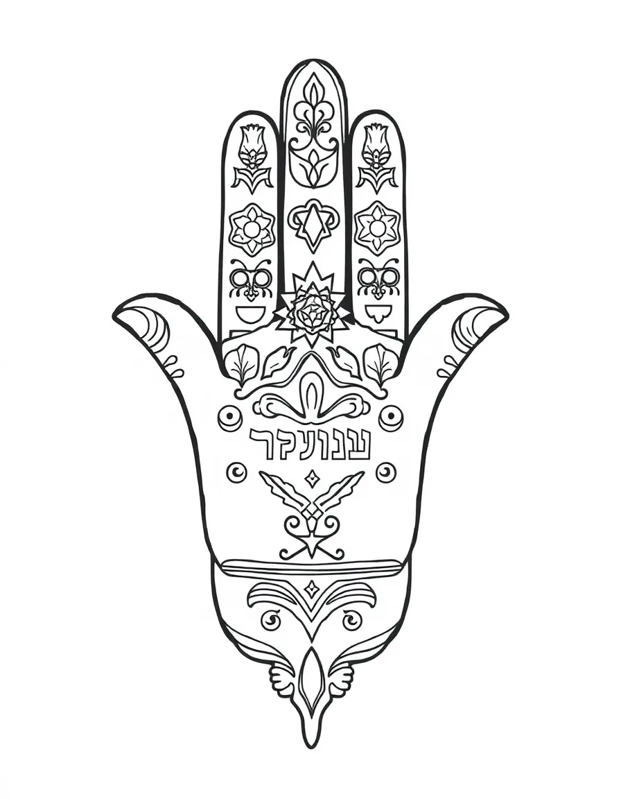 Hamsa hand with detailed protective symbols and Hebrew text