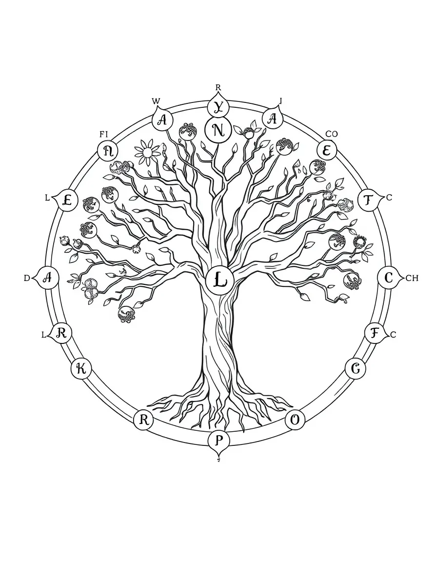 Tree of Life with sephirot labeled and detailed symbolic connections