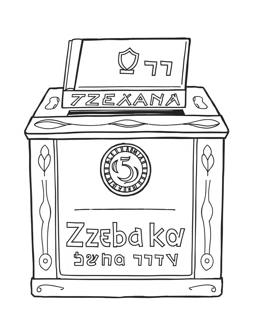 Tzedakah box with detailed coin slot and charity inscriptions