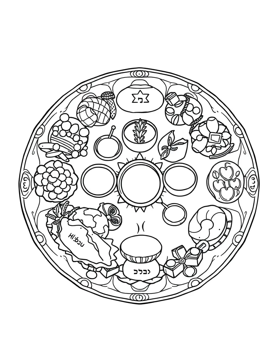 Seder plate with detailed sections for symbolic foods and Hebrew labels