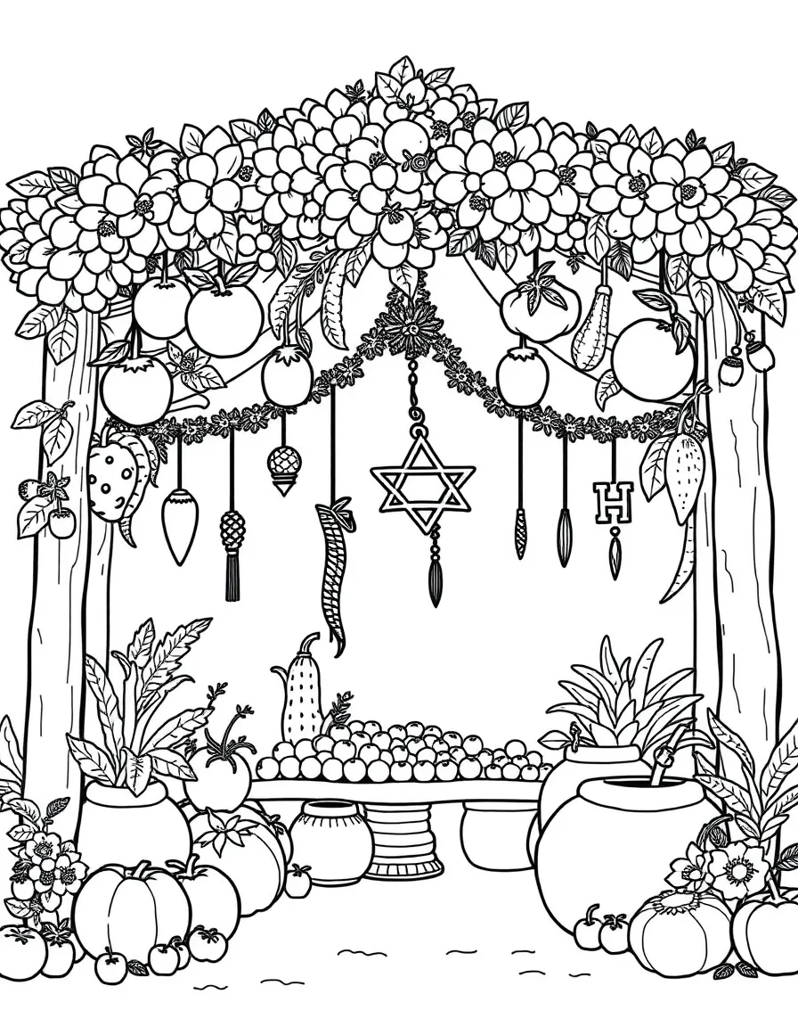 Sukkah decorated with detailed fruits, vegetables and hanging decorations