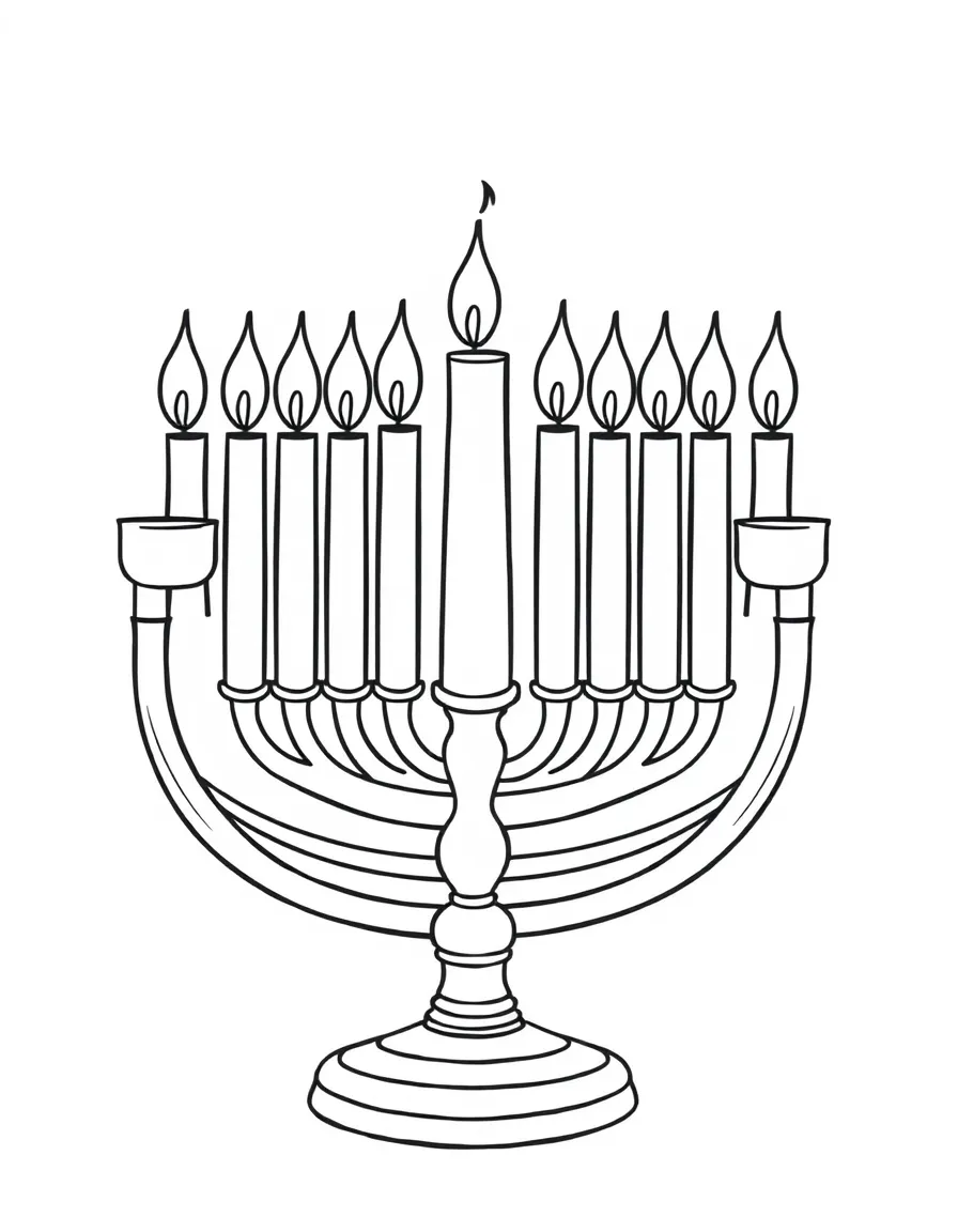 Chanukah menorah (chanukiah) with all candles lit and detailed flames