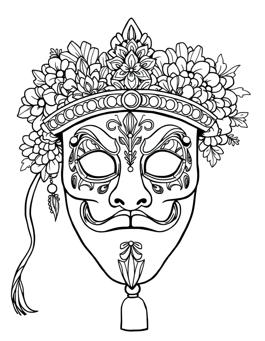 Purim mask and grogger with detailed carnival decorations
