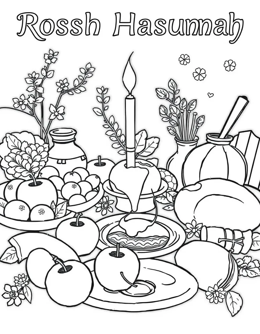 Rosh Hashanah table with apples, honey, and traditional foods detailed