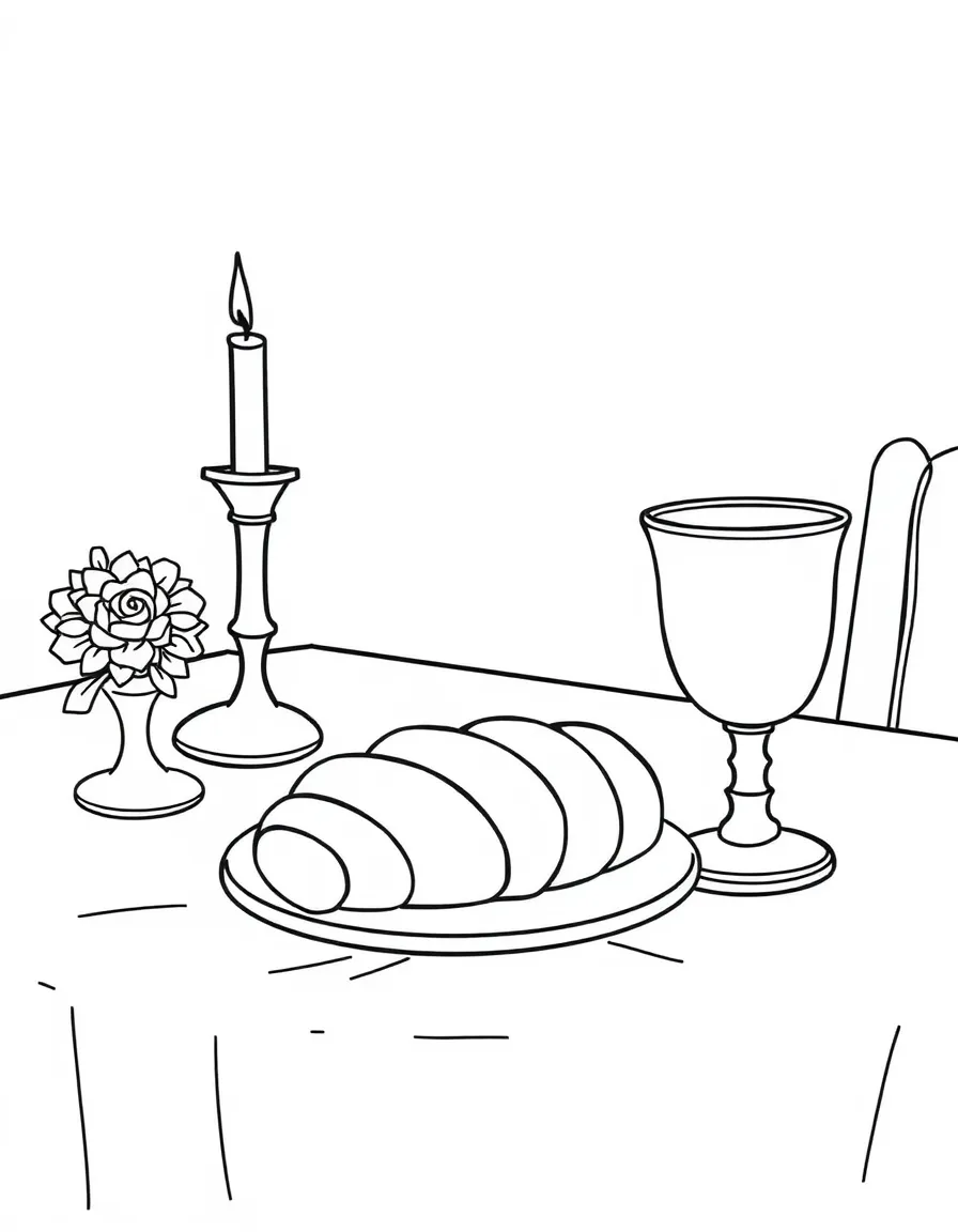 Shabbat table setting with challah, candles, and kiddush cup detailed