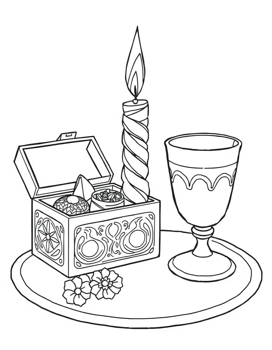 Havdalah ceremony with detailed spice box, twisted candle, and cup