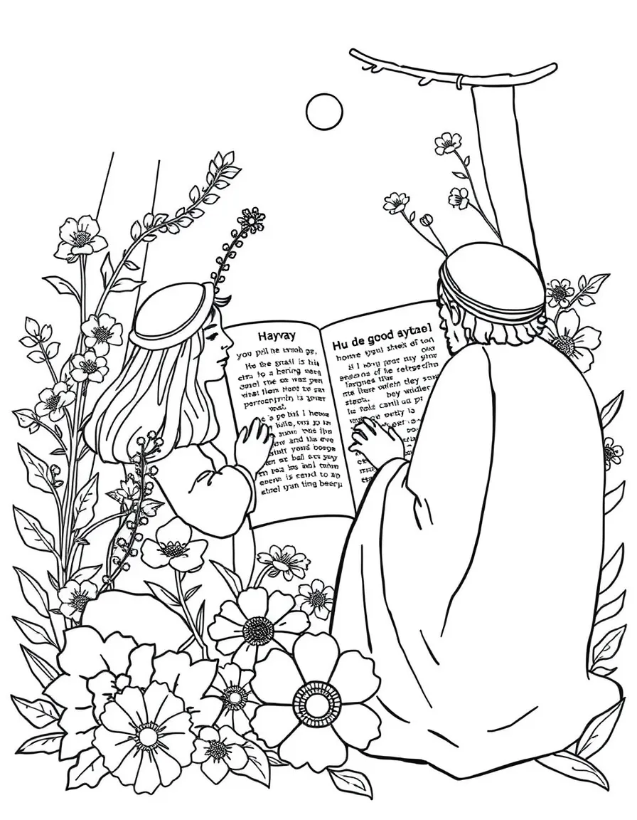 Shavuot scene with detailed Torah and flower decorations