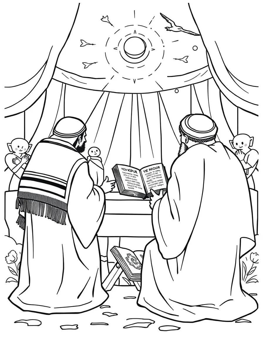 Yom Kippur scene with tallit-covered figures and Book of Life imagery