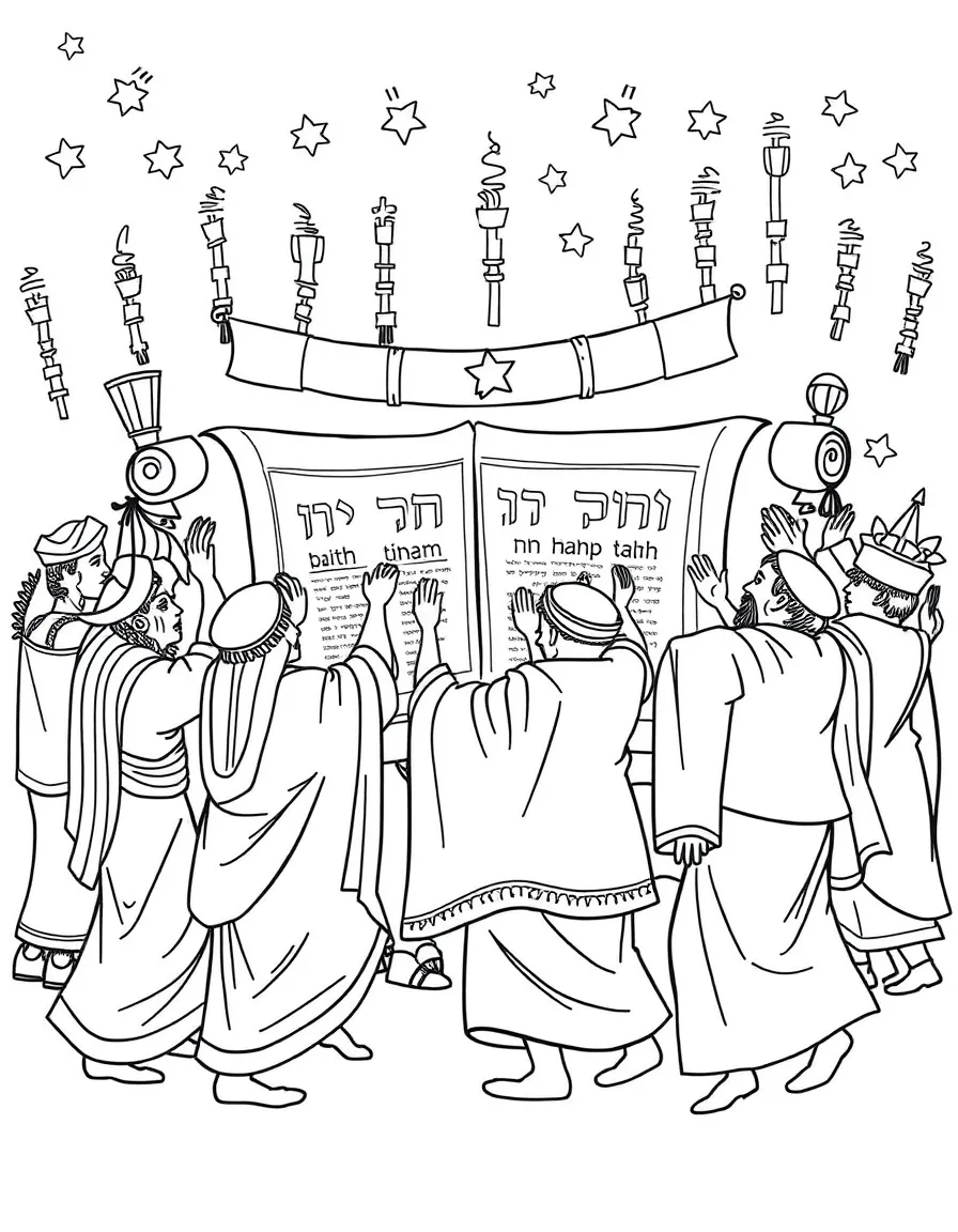 Simchat Torah celebration with detailed Torah scrolls and dancing figures