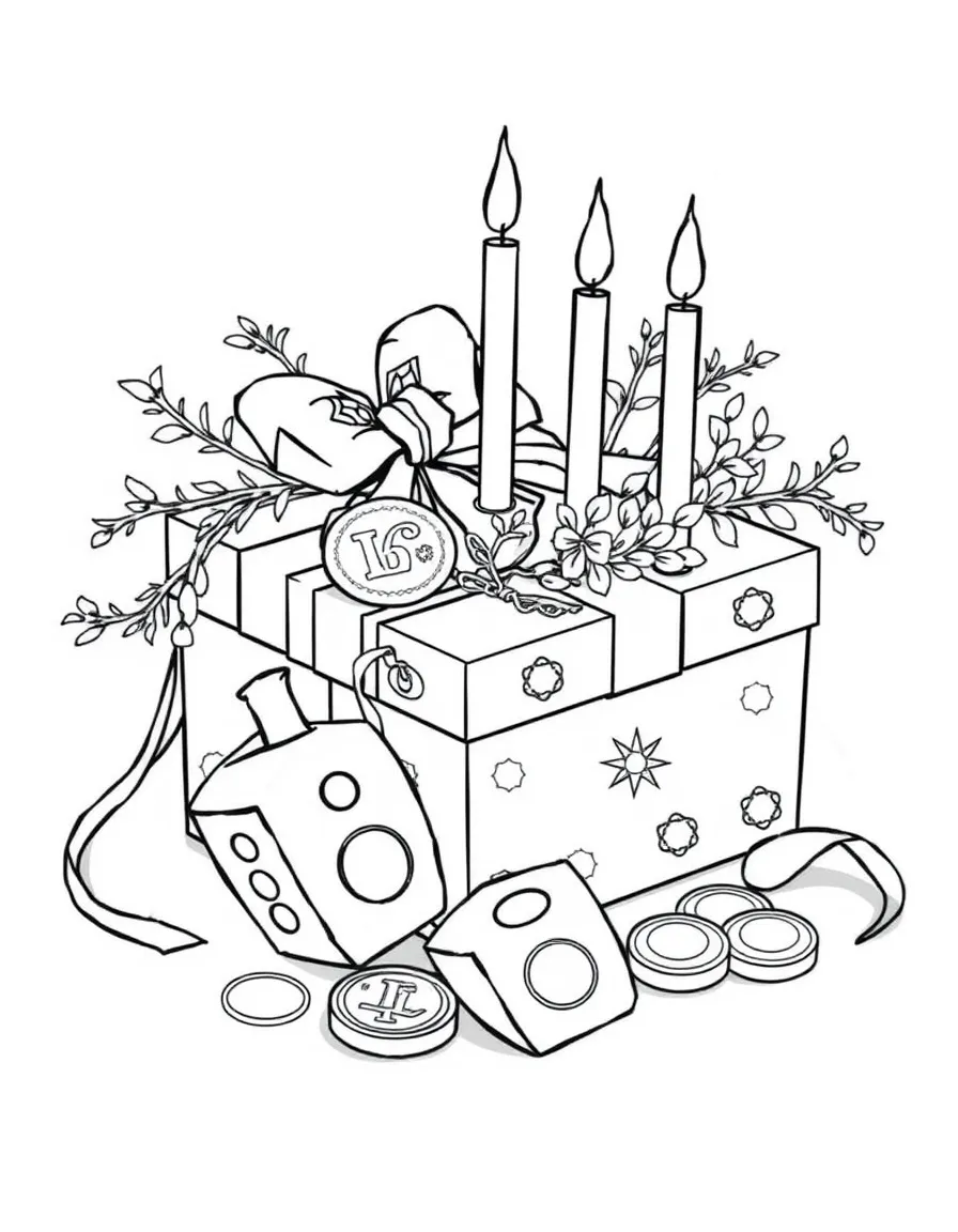 Hanukkah gift arrangement with detailed dreidels and gelt coins