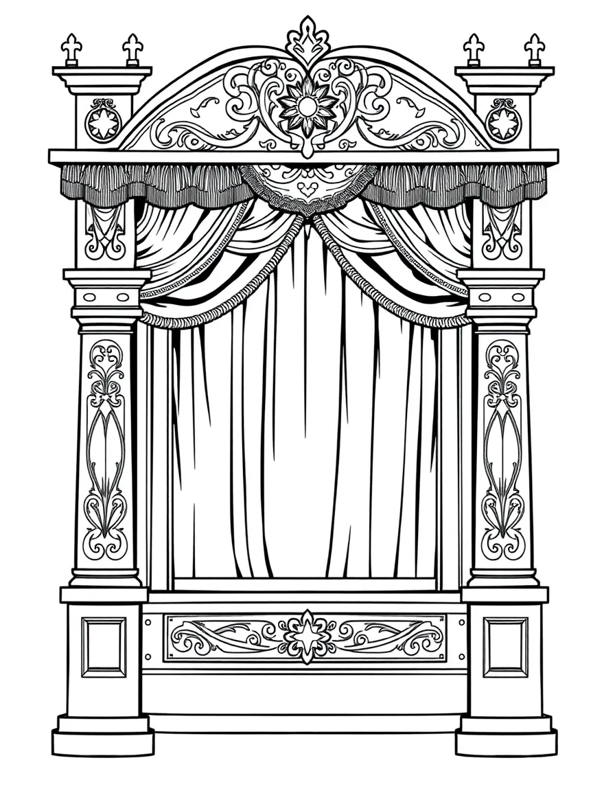 Torah ark with ornate curtain (parochet) and detailed woodwork
