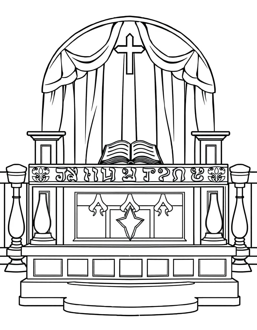 Rabbi's pulpit (bimah) with Torah reading table and detailed railings