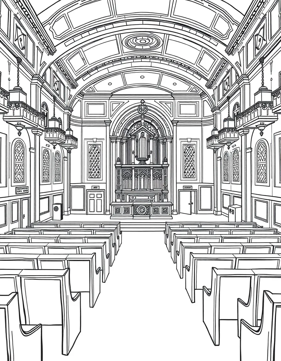 Synagogue interior showing detailed seating arrangement and ark