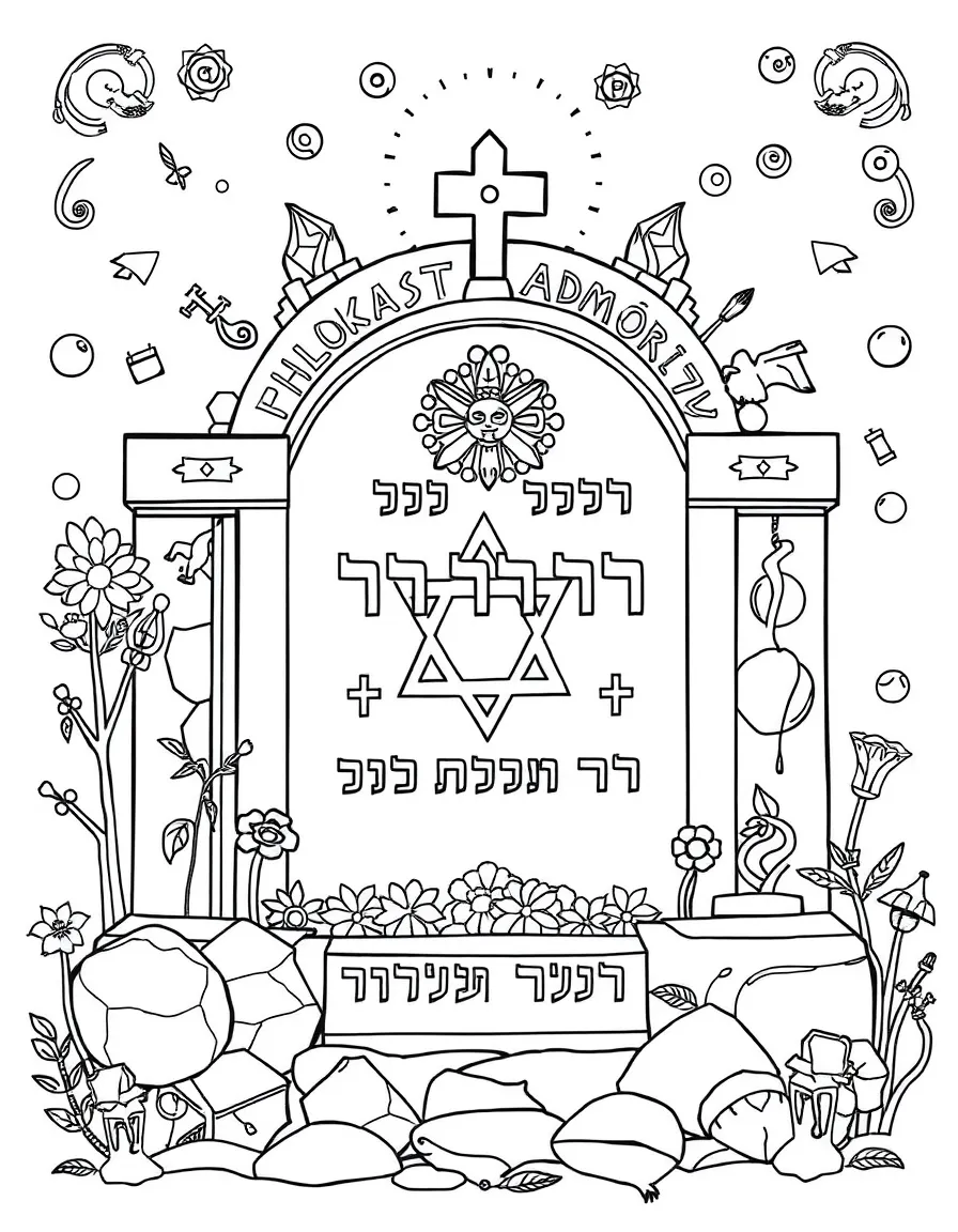Holocaust memorial with detailed symbolic elements and Hebrew text