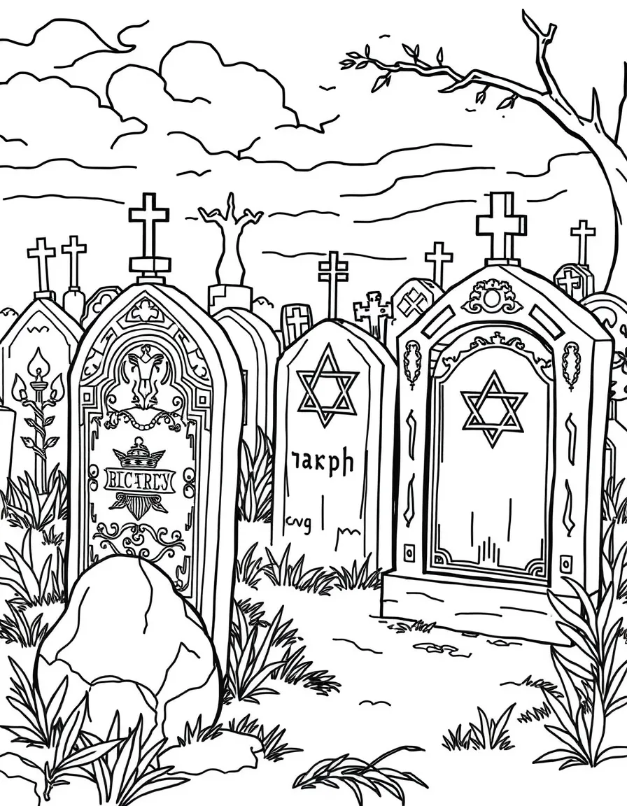 Jewish cemetery with detailed traditional tombstones and symbols